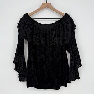 Nally & Millie Blouse Top Women S/M Black Burnout Velvet Nylon Lined Bell Sleeve
